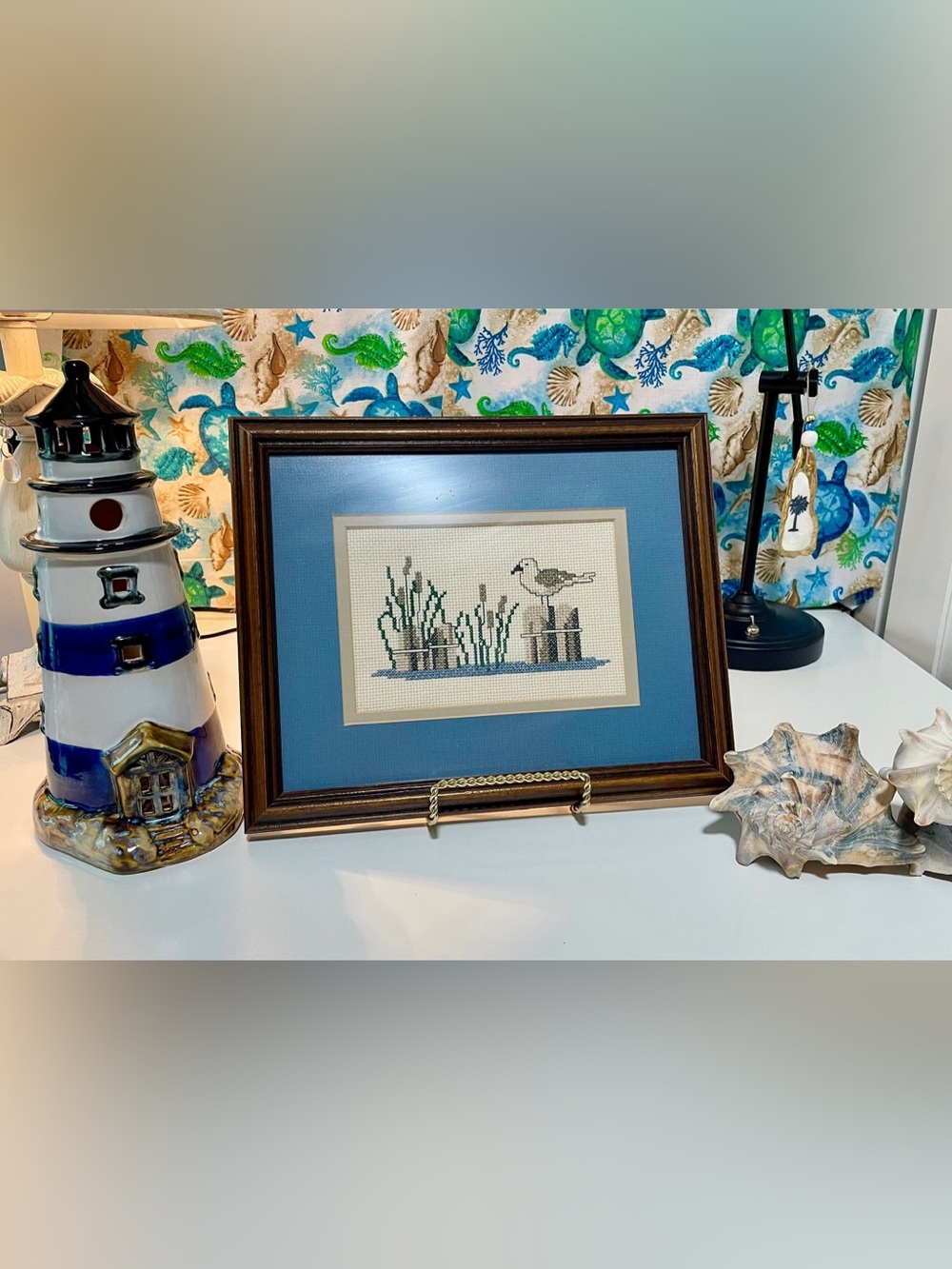 Framed Coastal Seagull Cross Stitch Wall Art